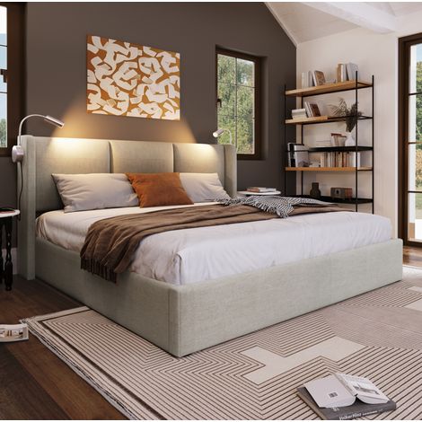 Letto contenitore imbottito 140x200 cm con testiera in lino beige, luce da lettura USB, rete a doghe e vano sollevabile (1/5)