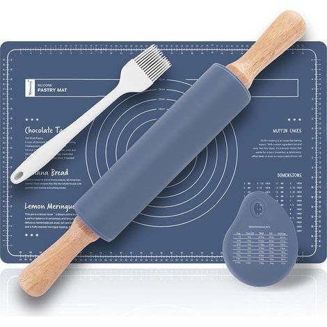 Ensemble de rouleau à pâtisserie et tapis à pâtisserie, rouleau à pâtisserie en bois (38 cm) +tapis silicone(60 x 40 cm)+corne patisserie+pinceau cuisine,rouleau patisserie silicone(bleu) (1/5)