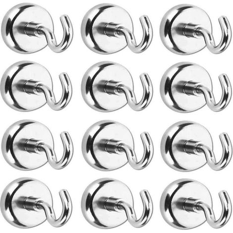 Set of 12 magnetic hooks, 16mm – A3 steel and neodymium – 5.5 kg pulling force – Nickel-plated finish for metal surfaces (1/5)
