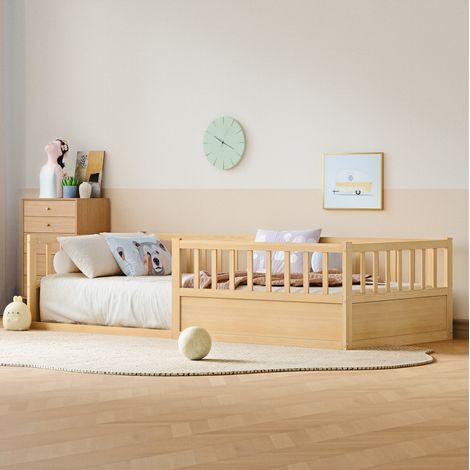 Kinderbett Montessori aus massivem Kiefernholz natur 90x200 cm mit 3 Schutzseiten und Lattenrost
