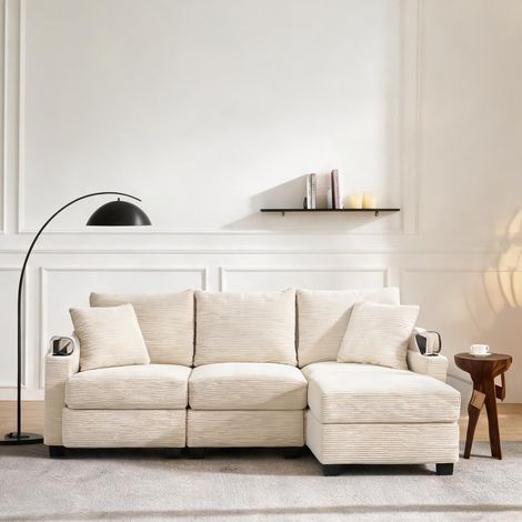 Canapé d'angle convertible en velours côtelé beige en corduroy (1/5)