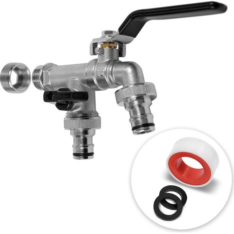 Robinet exterieur jardin [1/2" et 3/4" pouce] Robinet cuve avec 2 raccords de tuyau - Laiton - Robine double sortie - Résistant à la Rouille et au Gel - pour récupérateur Eau de Pluie (noir) (1/5)