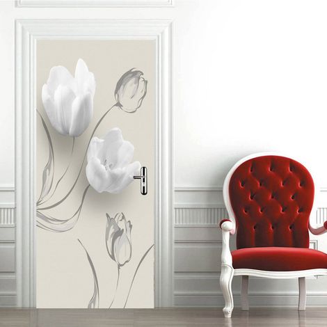 Autocollant de porte 77 x 200 cm motif fleurs blanches film adhésif décoratif pour porte de chambre toilettes salle de bain et intérieur décoration murale (1/5)