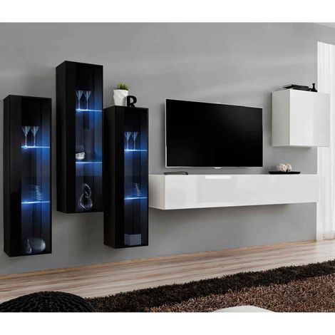 Meuble TV Mural Design "Switch XIII" 330cm Blanc & Noir (1/4)