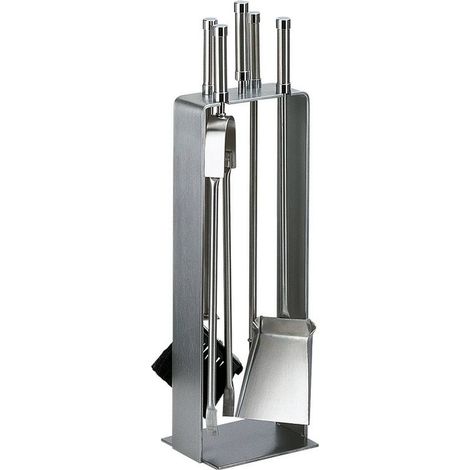 Porta attrezzi camino acciaio inox rettangolare 4 accessori h.66 base 16 x 18 cm. finiture cromo. Made in Italy