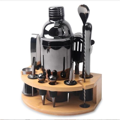 Kit shaker per cocktail, set da barman in acciaio inossidabile da 12 pezzi, shaker per cocktail da 750 ml, kit da barman con supporto in legno per casa o bar, nero