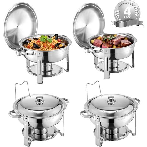 VEVOR Chafing Dish Buffet Set, 5 Qt 4 Pack, Stainless Steel Chafer with 4 Full Size Pans, Round Catering Warmer Server with Lid Water Pan Folding Stand Clip, for Weddings Parties Banquets, Silver (1/5)