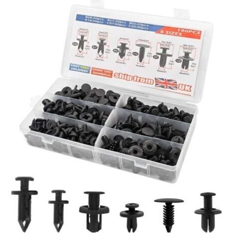 Kit di 190 clip di fissaggio per auto, rivetti in plastica nera, clip protettive per pannelli delle portiere e paraurti, compatibili con la maggior parte dei veicoli. (1/5)