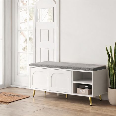 Banc de rangement avec coussin blanc en panneaux de particules (1/5)
