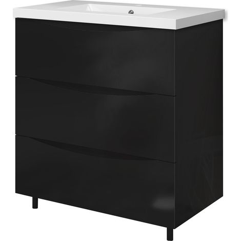 OCEAN Meuble salle de bain acve lavabo 79cm, Suspendu  - 3 Tiroirs, Noir Haute Brillance