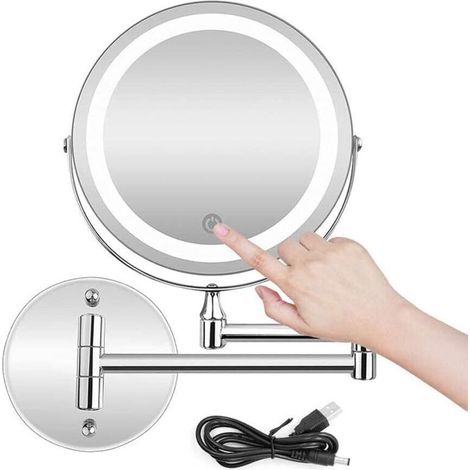 YMYNY Miroir De Maquillage Mural, Miroir De Courtoisie Éclairé Par Led À Deux Côtés Grossissant 10X Pour Salle De Bain, Rotatif À 350 °, Rechargeable Par Usb Et Bras Extensible De 7 , Chrome