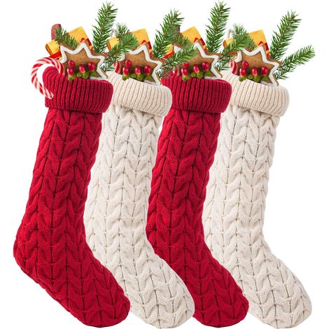 Juego de 4 calcetines navideños de punto, 47 cm, rojos y blancos, decoración para chimenea, regalo familiar (1/5)