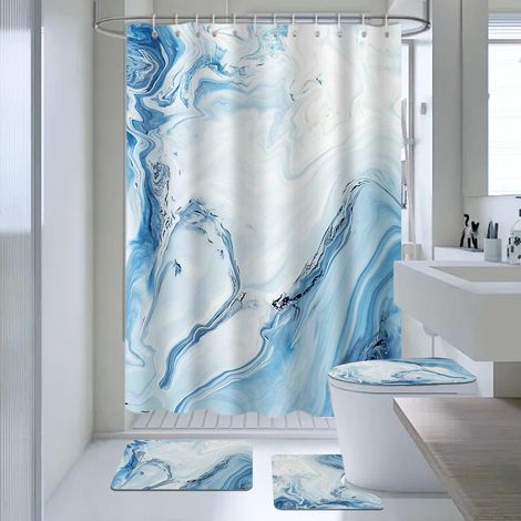 Lot de 4 rideaux de douche en marbre bleu abstrait avec tapis antidérapants, housse moderne pour abattant de toilette et tapis de bain, rideau de bain pour décoration de salle de bain (crochets (1/5)