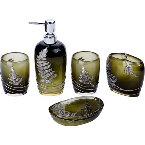 Ensemble d'accessoires de salle de bain en résine 5 pièces, élégant, comprenant un distributeur, un porte-brosse à dents et un ensemble complet. (1/2)