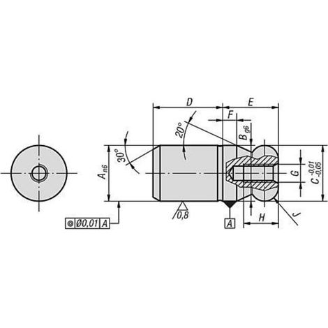KIPP Aufnahmebolzen Innengewinde einseitig Gr. 1 M05 Form A mit Kugelansatz C20 A20 (1/3)
