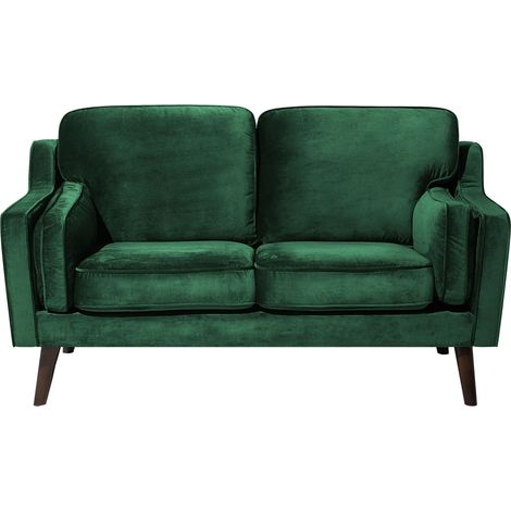 Sofa Green 2 Seater Velvet Oak Wood Legs Classic Mid-Century Living Room LOKKA (1/5)