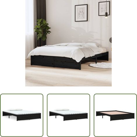 Bois de pin massif - Cadre de lit sans matelas noir bois massif 140x190 cm (1/5)