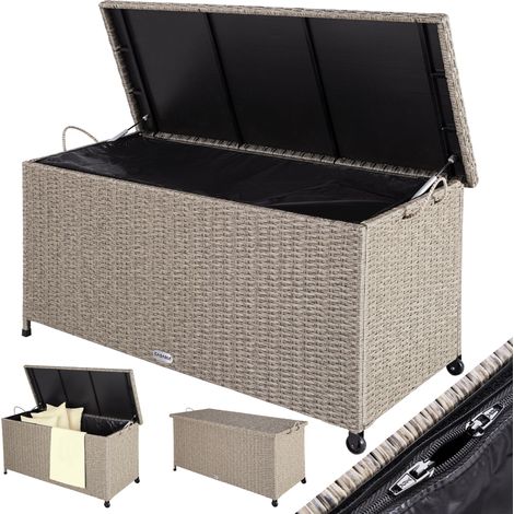 Casaria – Coffre de jardin XXL crème 270 L – Étanche avec vérins à gaz – Dimensions 117x53x60 cm – 2 roulettes et 2 poignées