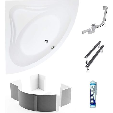 ECOLAM Baignoire d'angle acrylique symétrique Mia 130x130 cm, support de baignoire, siphon, silicone, Belle forme Aspect moderne (1/5)