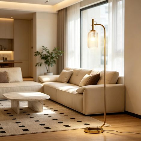 Lampadaire décoratif avec abat-jour en verre texturé et interrupteur au pied pour le salon (lampadaire seul, ampoule non incluse) (1/5)