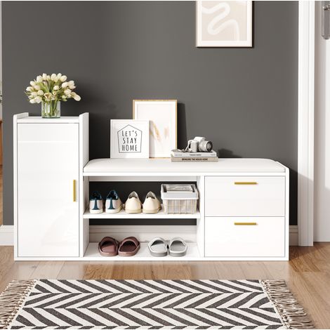 Mueble zapatero 128x30x68 cm de madera blanca, con almacenaje compacto para entrada FloraGrace (1/5)