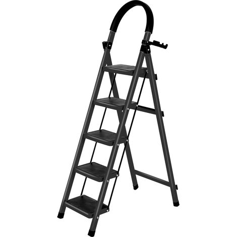 Professionelle 5-stufige Klapptrittleiter mit rutschfester, breiter Stufe, mit Griff, Sicherheit – Ideal für Bau, Malerarbeiten und Renovierung – Schwarz (1/5)