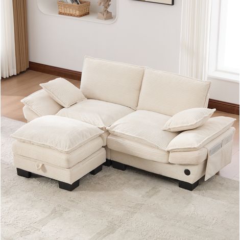 Canapé 2 places en velours côtelé beige avec pouf coffre, USB-C et poches latérales, 190x132x84 cm (1/5)
