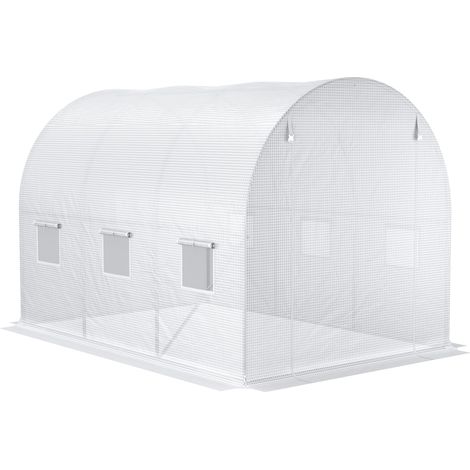 Bâche de remplacement robuste pour serre tunnel (9,8 pi x 6,6 pi x 6,6 pi) avec 6 fenêtres, porte et grille de renfort, en plastique imperméable blanc. (1/5)