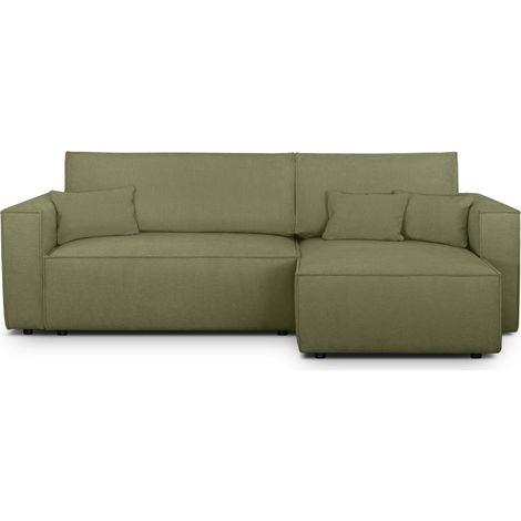 Canapé d'angle convertible réversible 4 places avec coffre de rangement en tissu chenille vert olive - Livia (1/5)