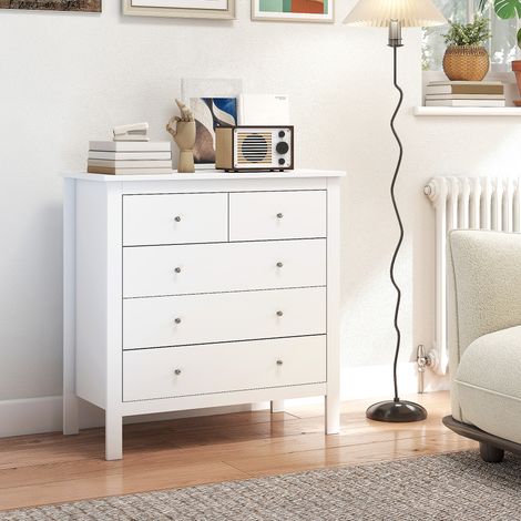 Commode à 5 tiroirs. meuble de rangement. avec poignées. glissières métalliques. en bois. 79l x 39.5P x 80.5H cm. blanc (1/5)