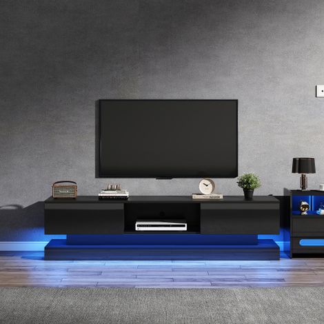 Meuble TV laqué haute brillance (Doté d'un éclairage LED, de deux tiroirs, d'une commande par application mobile et d'un dispositif de sécurité anti-basculement) — Adapté aux téléviseurs jusqu'à 60 po