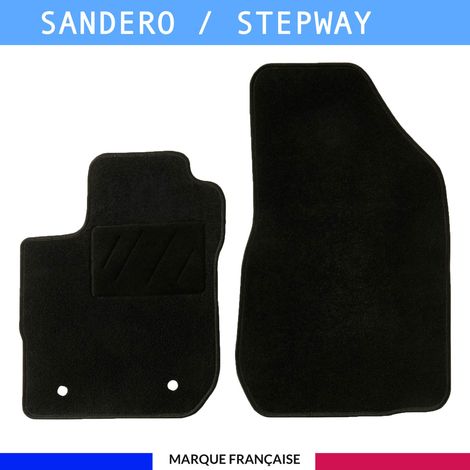 Tapis de sol voiture - Sur mesure pour  Dacia SANDERO / STEPWAY (01/2018-12/2020) - Antidérapant : Clips de fixations et scratch - Tapis de sol avant 2 pièces - Moquette - Noir