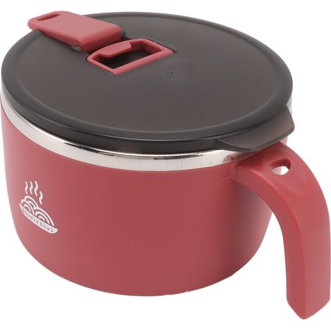 Bol à nouilles instantanées en acier inoxydable 900 ml avec couvercle, rouge, idéal pour les étudiants, les dortoirs et les bureaux. (1/5)