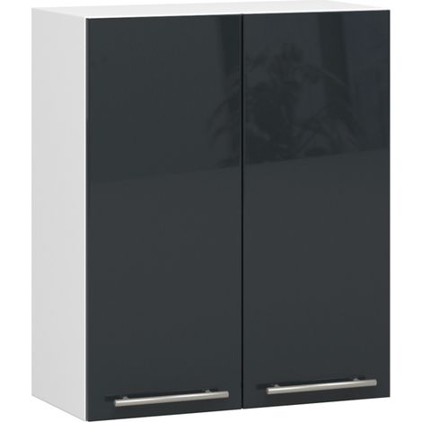 Meuble de cuisine haut AKORD W60 OLIWIA modulable Blanc 60 cm 2 portes façade Graphite Brillant 2 étagères 60x30x72 cm (1/5)