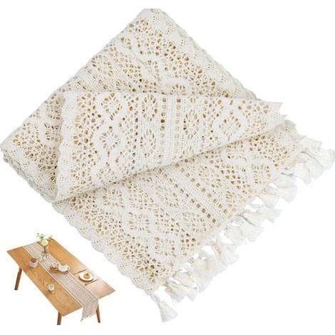 Tapis de table beige 24 x 180 CM - dentelle vintage avec franges - décoration de mariage Bohème - idéal pour les restaurants (1/5)