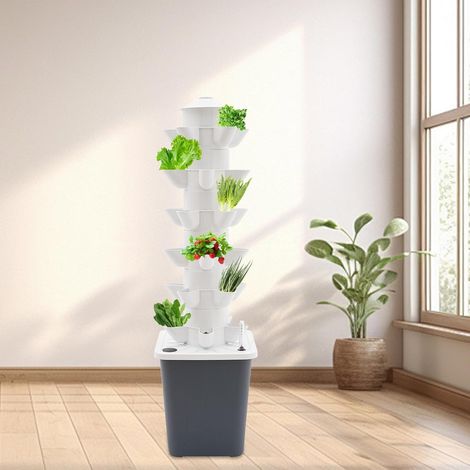 Hydroponik-Turm 30 Löcher 6 Etagen Hydroponic System Tower Aeroponik-Anbausystem mit Hydratationspumpe, 10L Wassertank für Kräuter, Obst, Gemüse Indoor Balkon (Grau) (1/5)