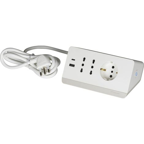 Bloc multiprise électrique 5 Places, 2 Prises USB 3A, 1 multiprise Schuko 10/16 A et 2 bipas 10/16 A, multiprise de Bureau avec Interrupteur et câble 2 m fiche 16 A, Robuste et Fonctionnelle, (1/5)