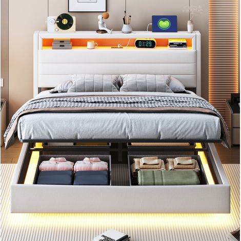 DESVIAE Lit double rembourré 140 x 200 cm avec rangement hydraulique LED USB tête de lit pivotante tissu beige (1/5)