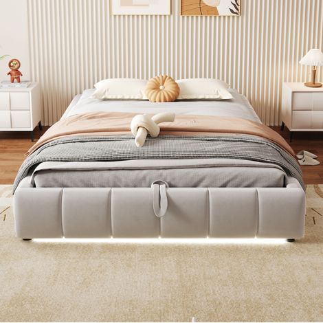 Lit coffre 140x200 avec LED blanc beige sans tête HAVRYA (1/5)