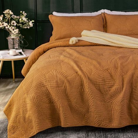 Couvre Lit Dessus de Lit et Boutis Coton matelassé Ultrasonique en Microfibre Brossée Douce et Légère, Élégant Couvre Lit Beige à Motif Floral (Orange, 240x260cm) (1/5)