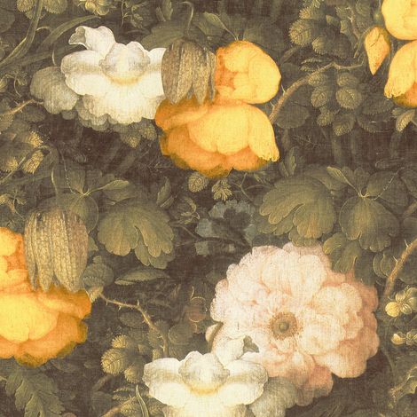 BRICOFLOR Papier peint fleur vintage | Papier peint vert foncé & jaune | Papier peint intissé pour chambre, salon & bureau - 10,05 x 0,53 m (1/5)