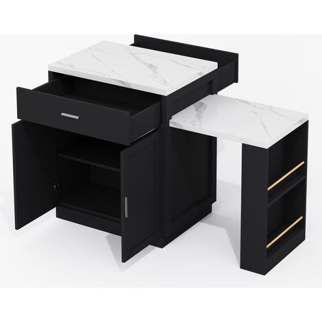 Îlot de cuisine avec table extensible pour 4-6 personnes, rangement multifonction, prises intégrées, finition noir et marbre blanc
