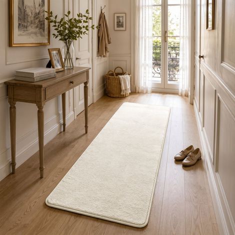 Tapis de salon poils ras doux antiderapant 60x180cm uni beige (1/5)