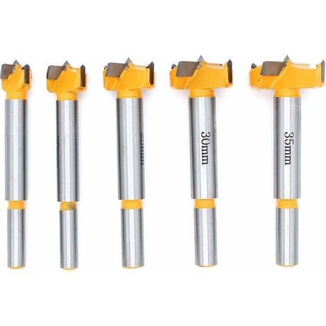 Forets à bois pointus de 15 mm, 20 mm, 25 mm, 30 mm et 35 mm pour l'installation de portes et tiroirs sphériques en bois. Forets pour réaliser des trous nets et plats dans le bois.