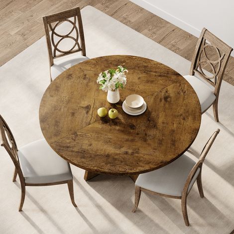 Table à manger ronde 120 cm (47") style farmhouse rustique pour 4 à 6 personnes - plateau en bois - pied central piédestal gain de place - sans chaises - Couleur rétro