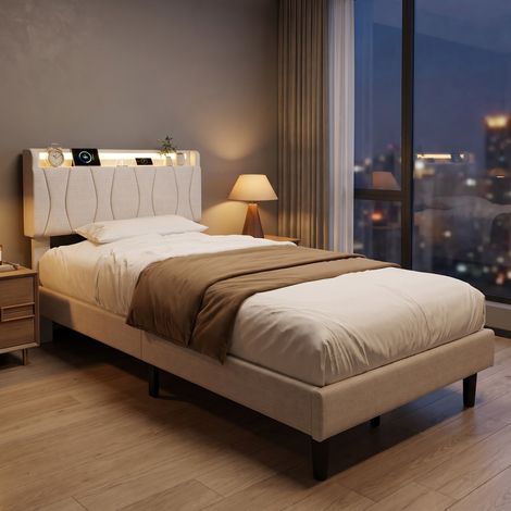 Letto singolo imbottito 90x190 cm con testiera LED e prese USB, rivestimento in lino, rete a doghe, stile moderno - Beige (1/5)