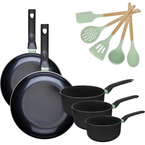Lot 2 Poêles 28/30cm et 3 Casseroles 16/18/20cm Fackelmann Brandao avec 5 ustensiles Océan (1/5)