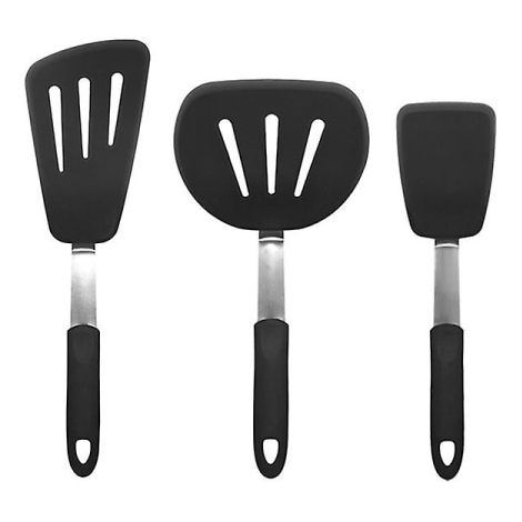 Silikon-Bratpfanne mit Holzgriff, 3-teiliges Küchenutensil-Set: große Kochschaufel und mittlerer Pfannenwender für gebratenen Fisch. (1/4)