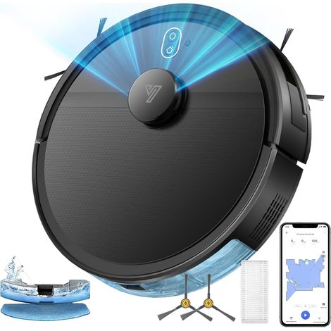 Robot Aspirateur Laveur avec Cartographie Navigation LDS, Jusqu'à 5000Pa WiFi/App/Voix Balaye, Aspire, Lave et Passe la Serpillière, Autonomie 120min, Capteurs Anti-Chute et 2 Brosses Latérales, Noir (1/5)