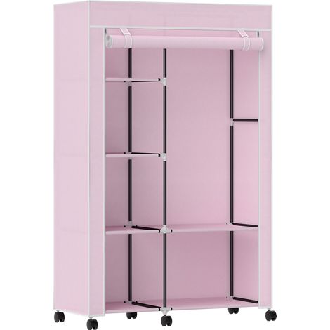 Armoire penderie en tissu rose 103x43x162,5cm, meuble rangement 6 roues, tringle porte-vêtements et étagères ouvertes (1/5)
